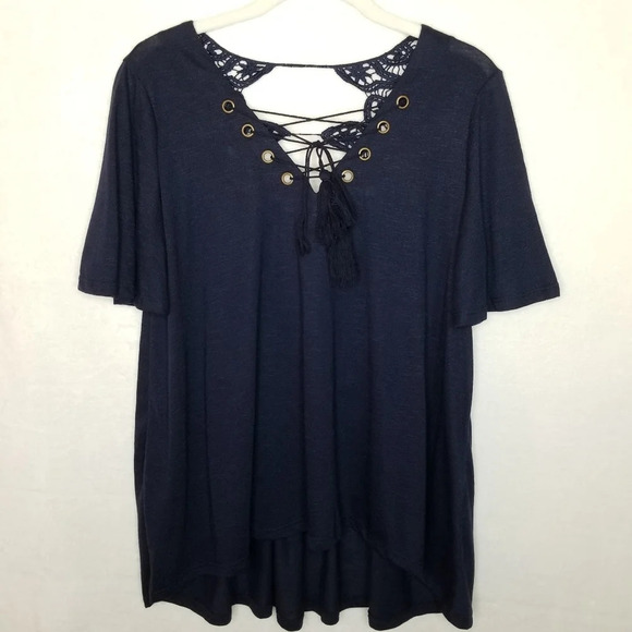 Xhilaration Navy V Neck Embroided Lace Tank Top Medium Boho Lightweight Tie up - Picture 6 of 8